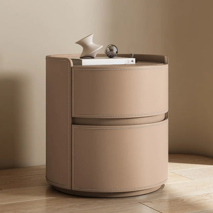 Table de chevet ronde moderne en cuir à 2 tiroirs