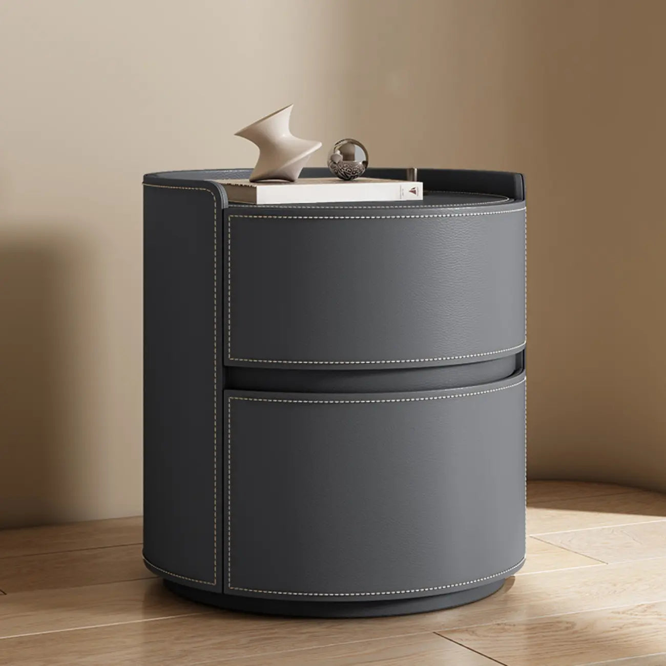 Table de chevet ronde moderne en cuir à 2 tiroirs