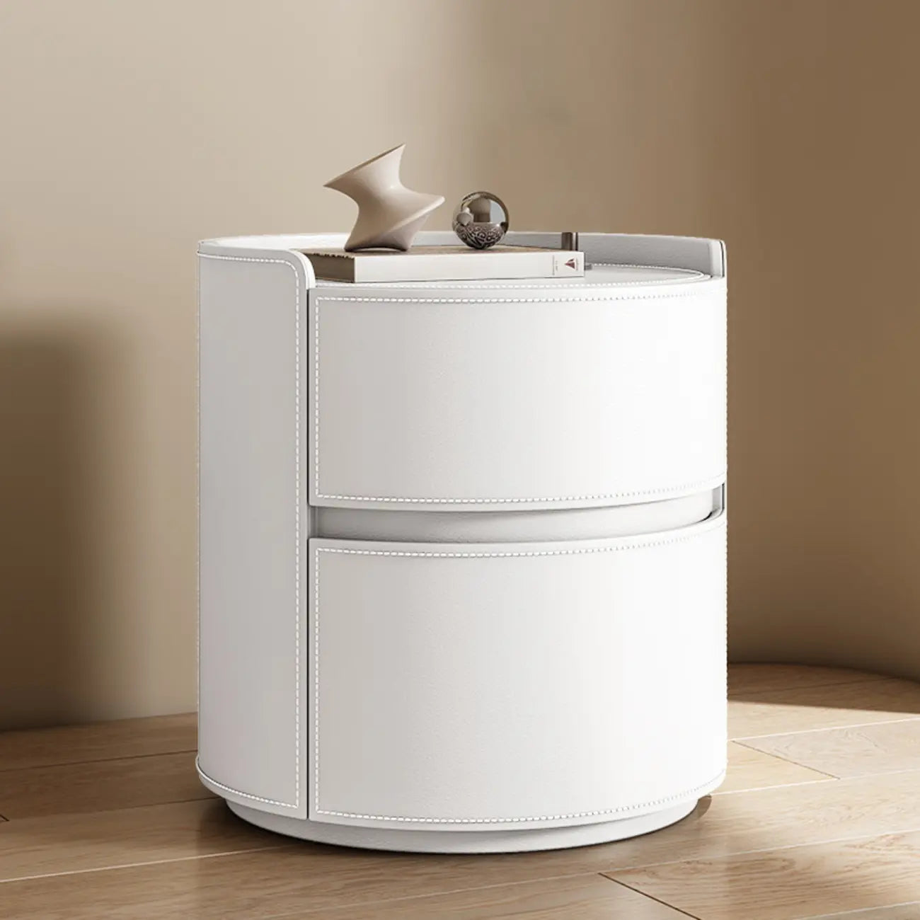 Table de chevet ronde moderne en cuir à 2 tiroirs