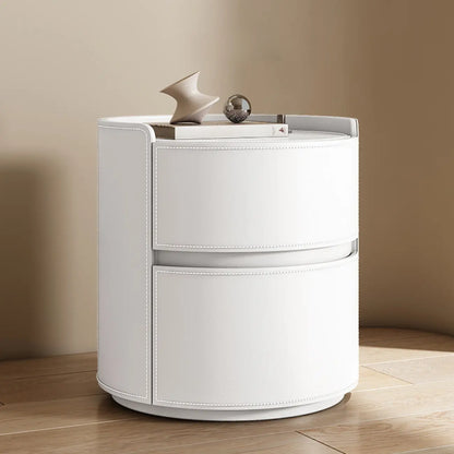 Table de chevet ronde moderne en cuir à 2 tiroirs