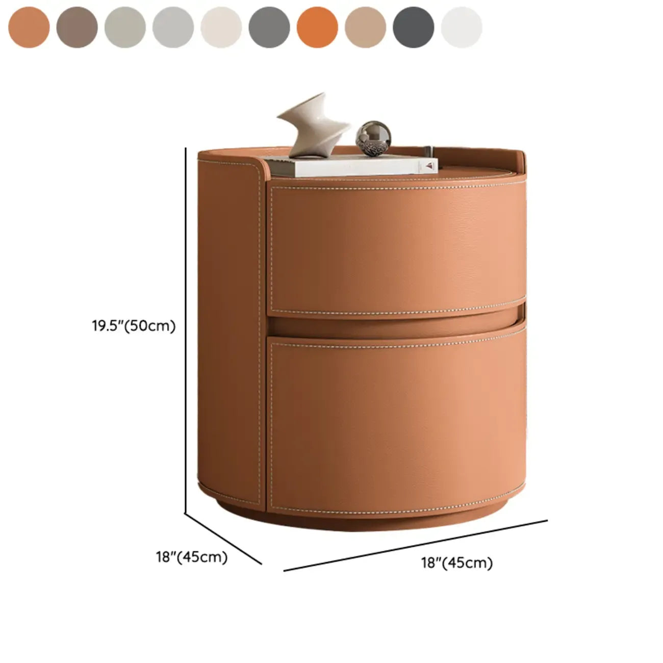 Table de chevet ronde moderne en cuir à 2 tiroirs