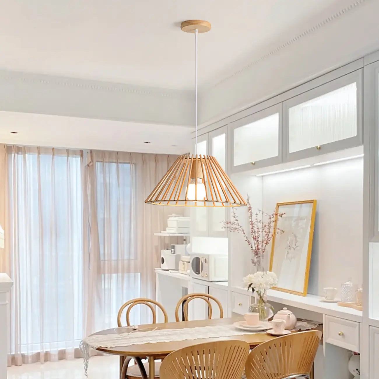 Suspension géométrique moderne en bois à 2 lumières pour salle à manger