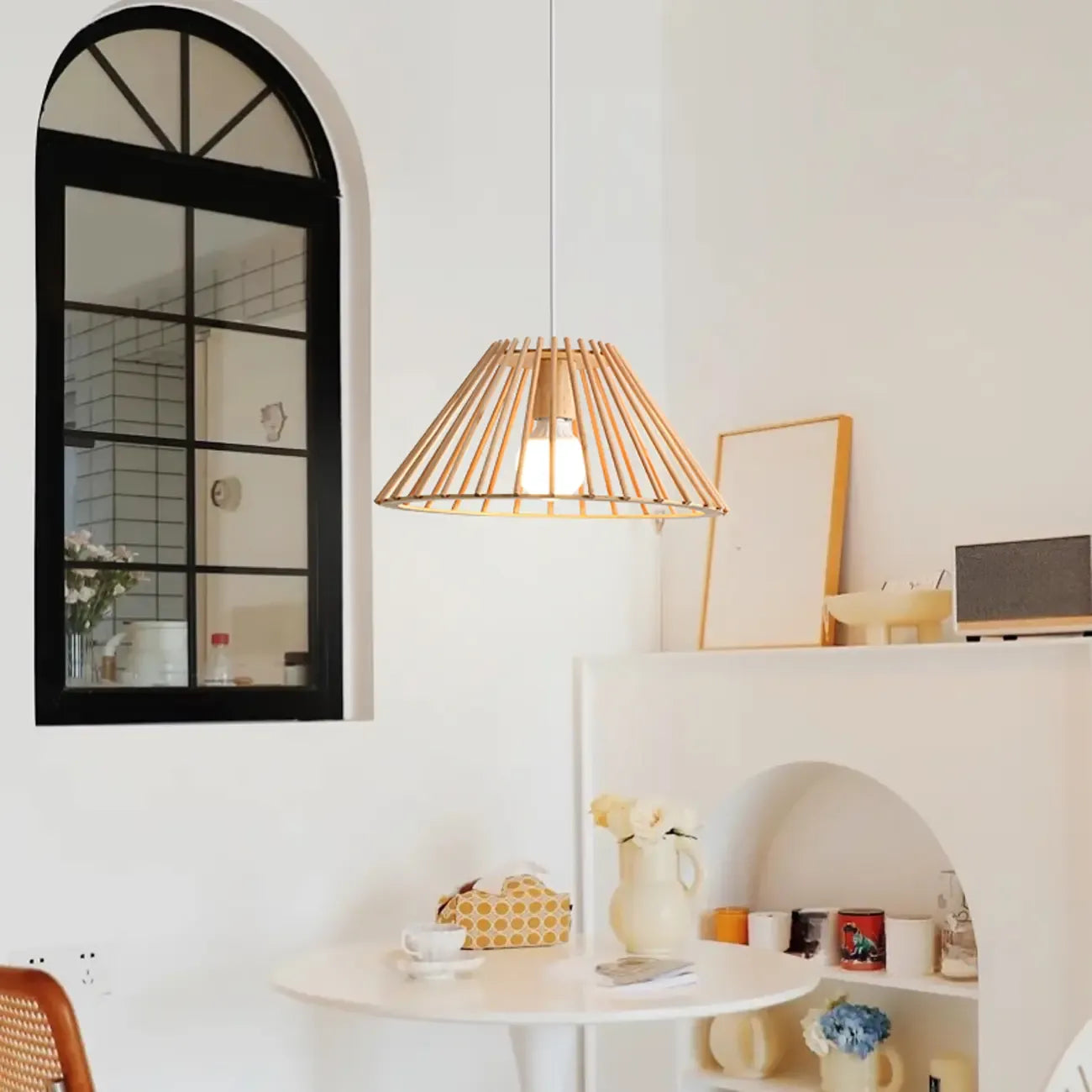 Suspension géométrique moderne en bois à 2 lumières pour salle à manger