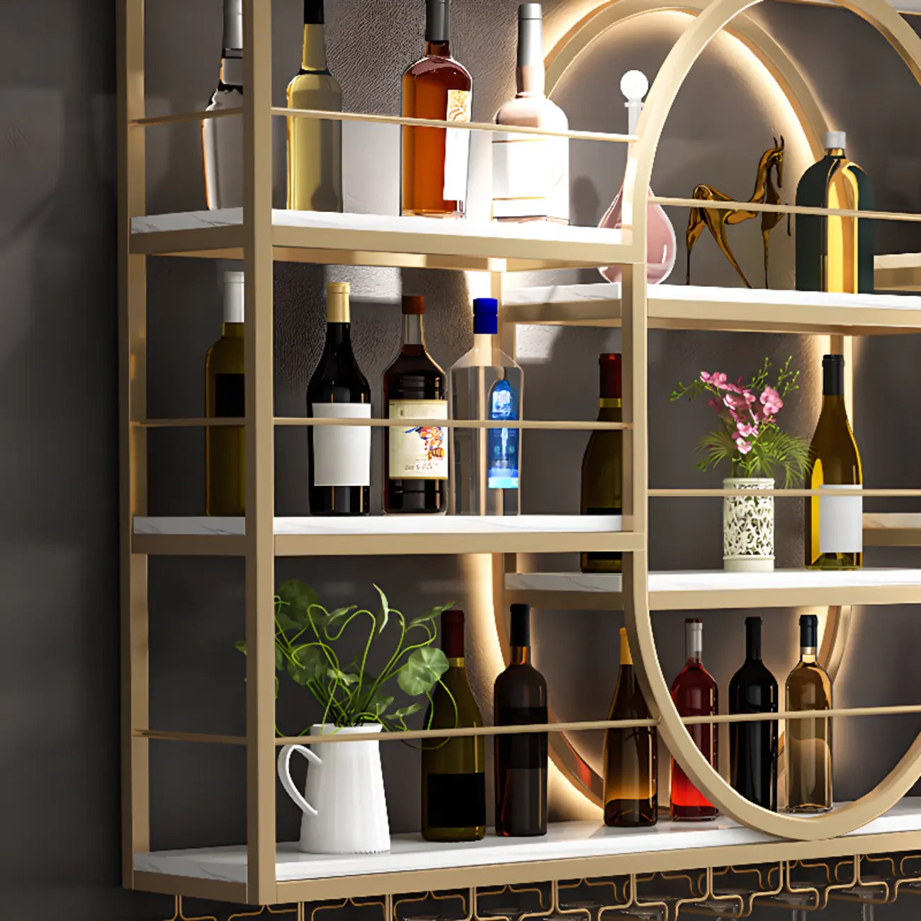 Casier à vin mural nordique en métal noir avec éclairage