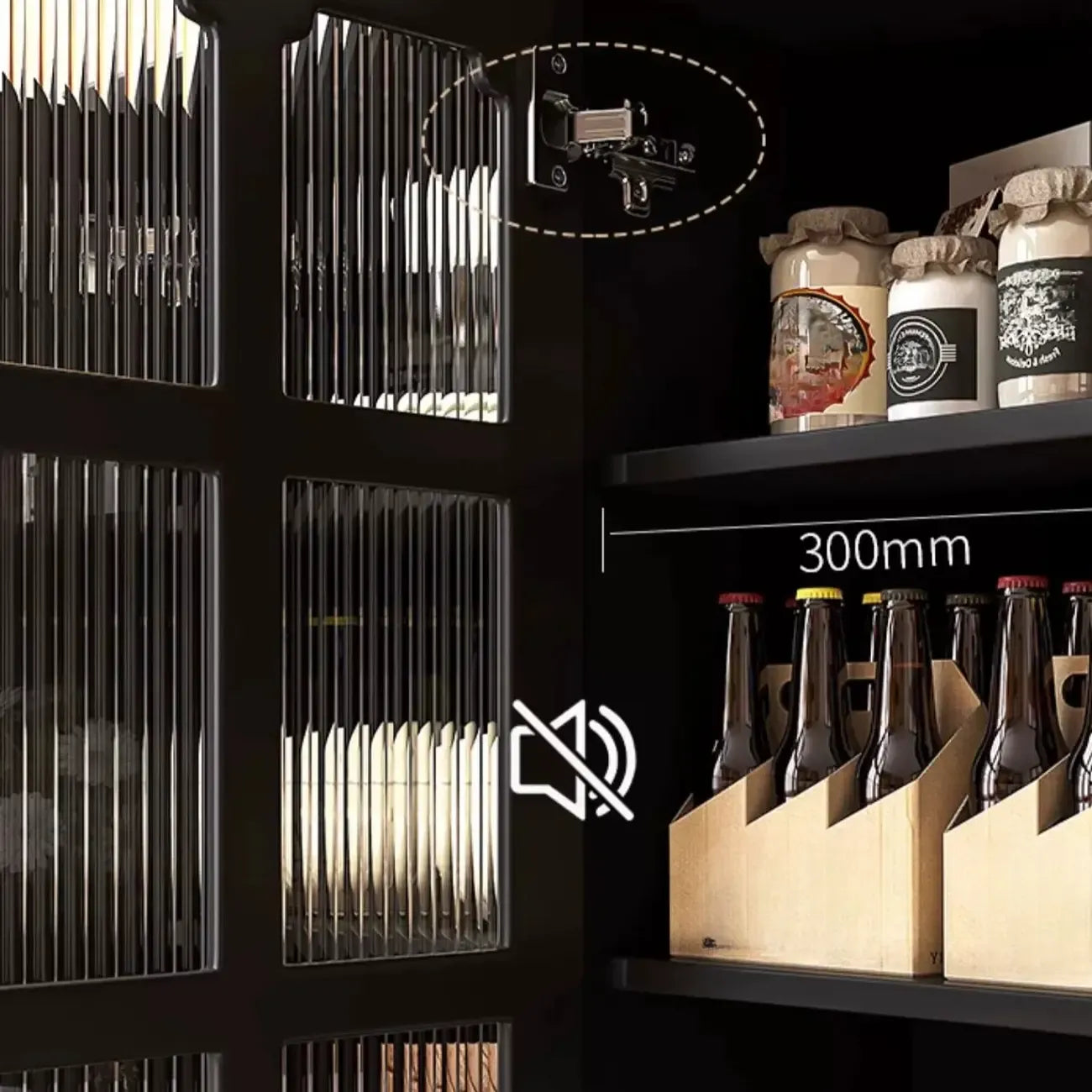 Meuble de rangement moderne en bois noir et verre cannelé pour salon