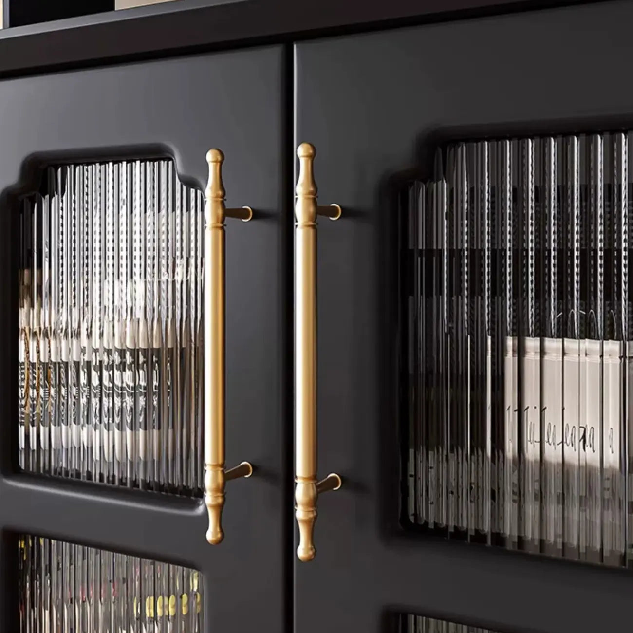 Meuble de rangement moderne en bois noir et verre cannelé pour salon