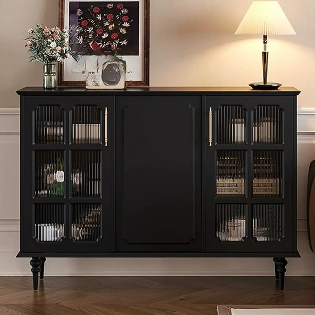 Meuble de rangement moderne en bois noir et verre cannelé pour salon