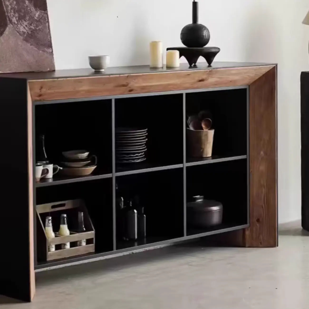 Vitrine de rangement ouverte moderne en pin noir et brun