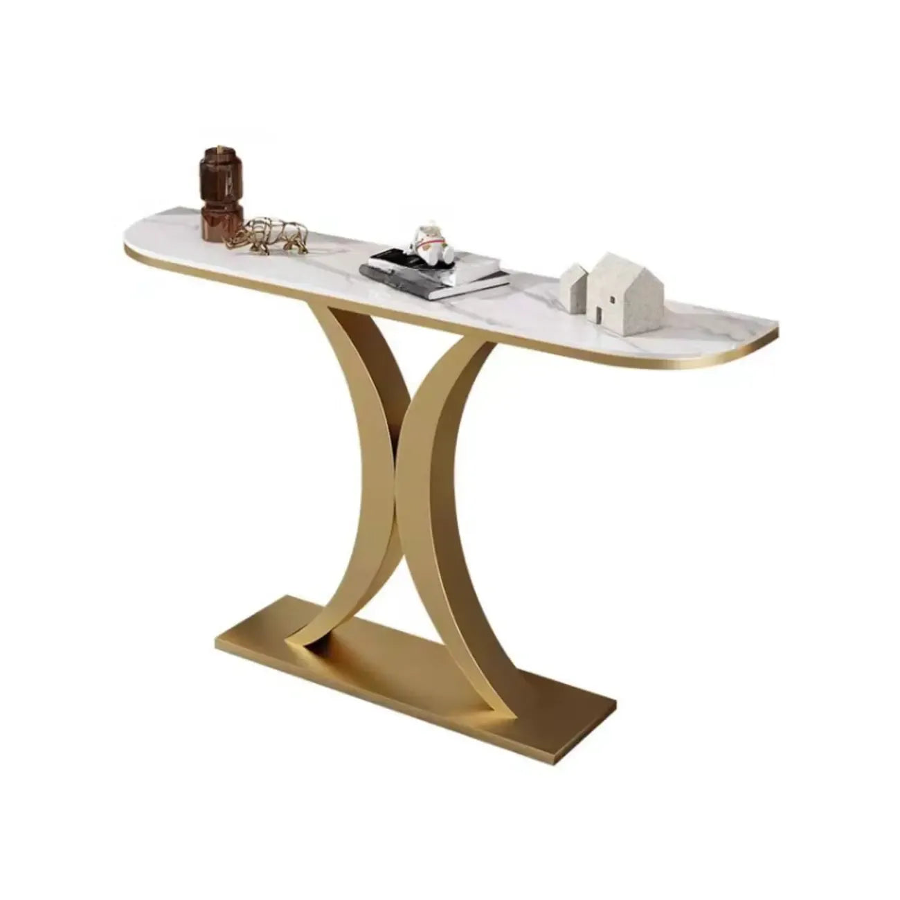 Console d'entrée demi-cercle en pierre blanche et or rose