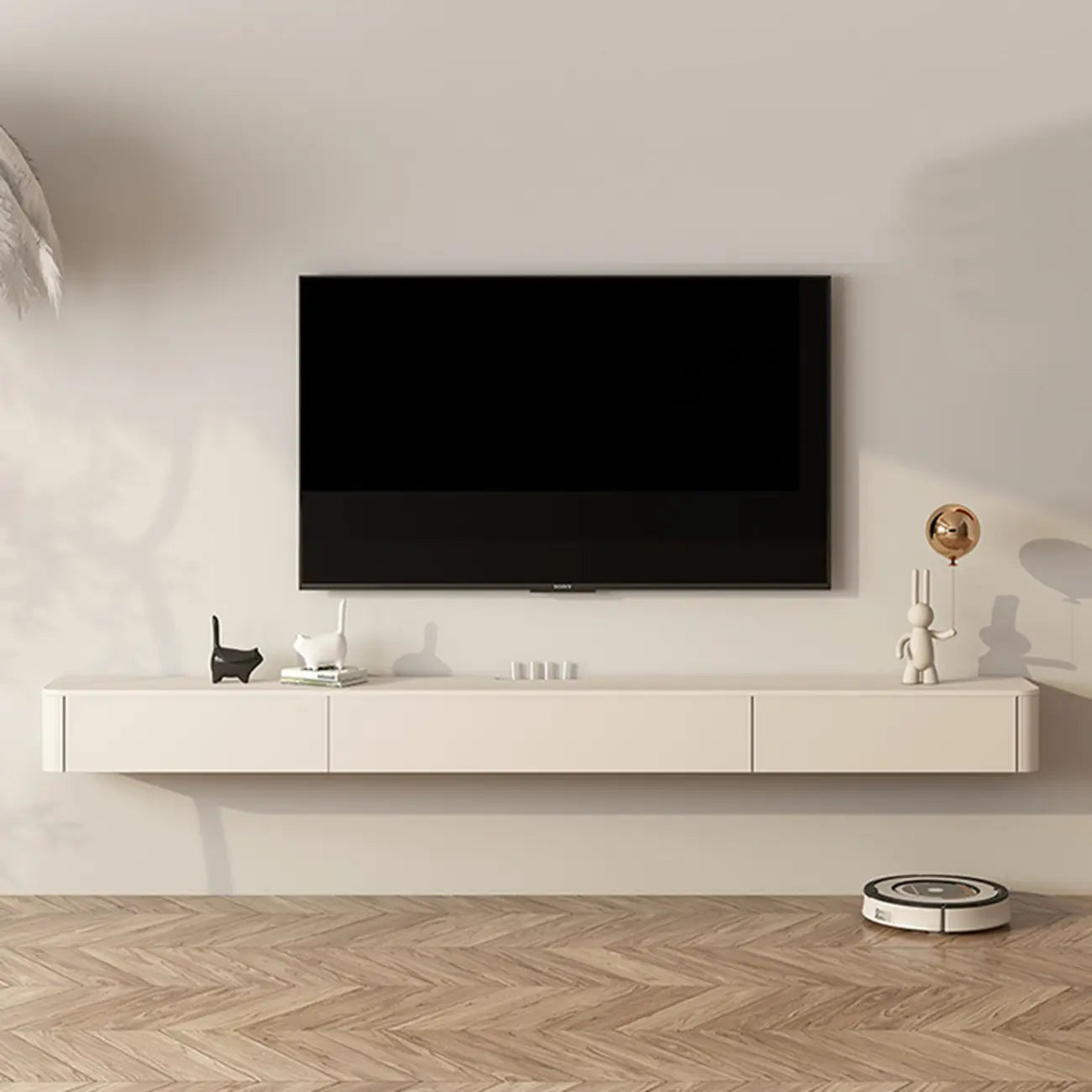 Meuble TV flottant en bois blanc cassé 71 cm avec gestion des câbles