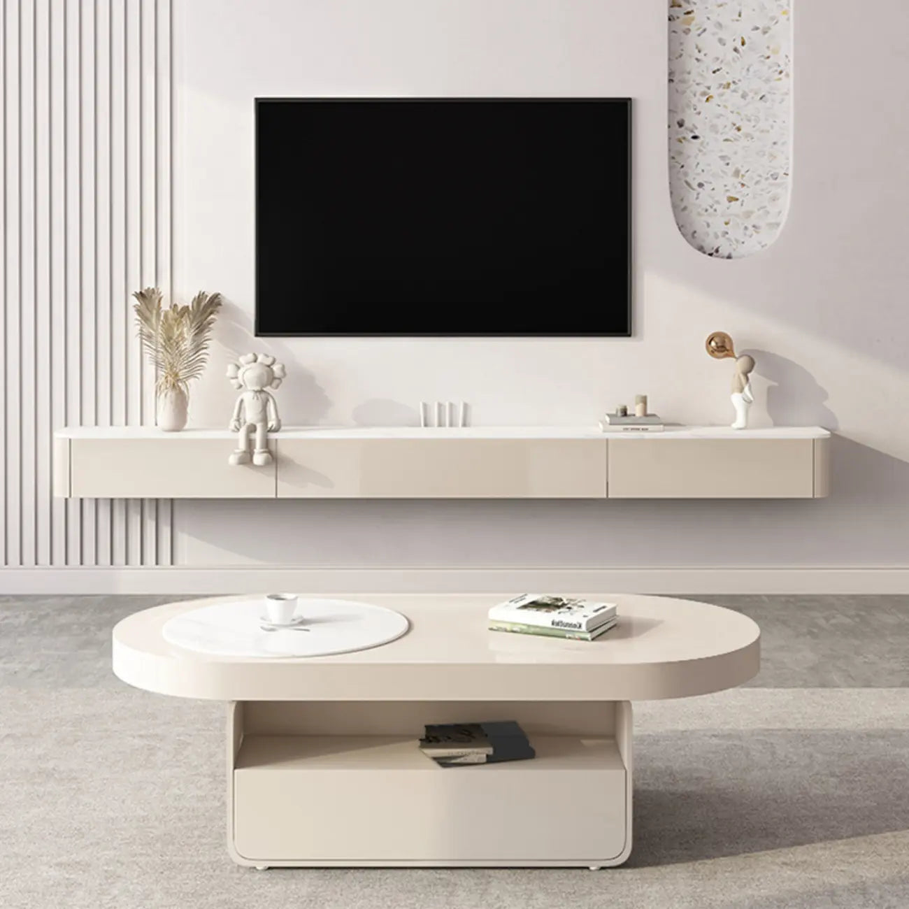 Meuble TV flottant en bois blanc cassé 71 cm avec gestion des câbles