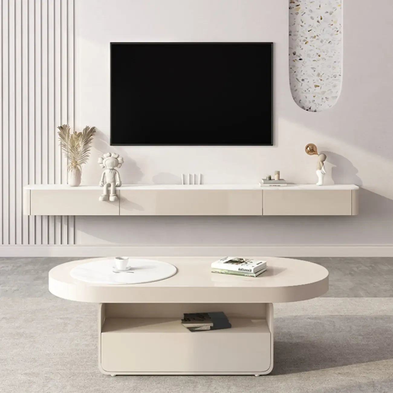 Meuble TV flottant en bois blanc cassé 71 cm avec gestion des câbles