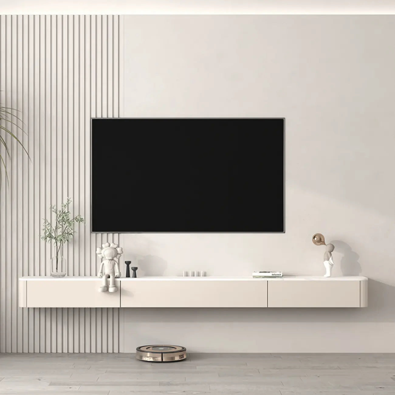 Meuble TV flottant en bois blanc cassé 71 cm avec gestion des câbles
