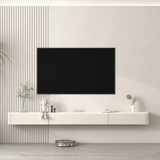 Meuble TV flottant en bois blanc cassé 71 cm avec gestion des câbles