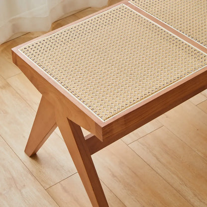 Bancs rectangulaires élégants en bois de cerisier avec plateau en rotin