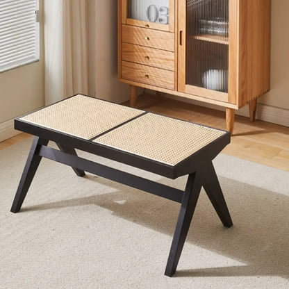 Bancs rectangulaires élégants en bois de cerisier avec plateau en rotin