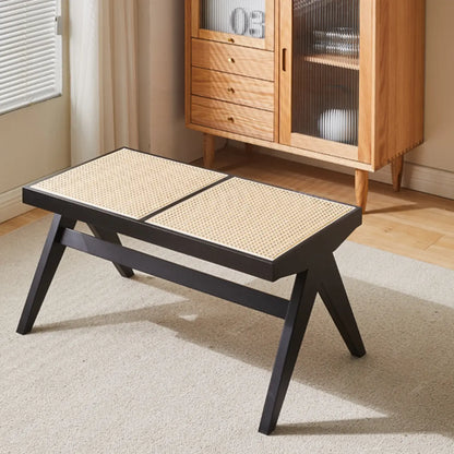 Bancs rectangulaires élégants en bois de cerisier avec plateau en rotin