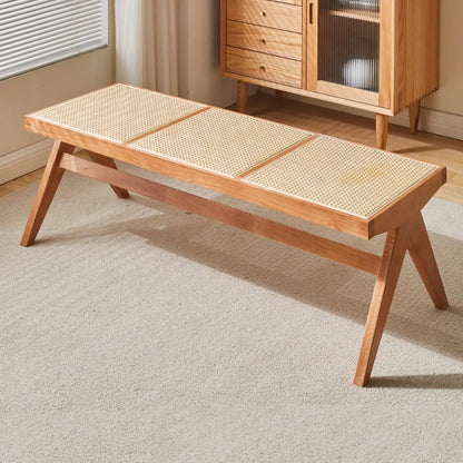 Bancs rectangulaires élégants en bois de cerisier avec plateau en rotin