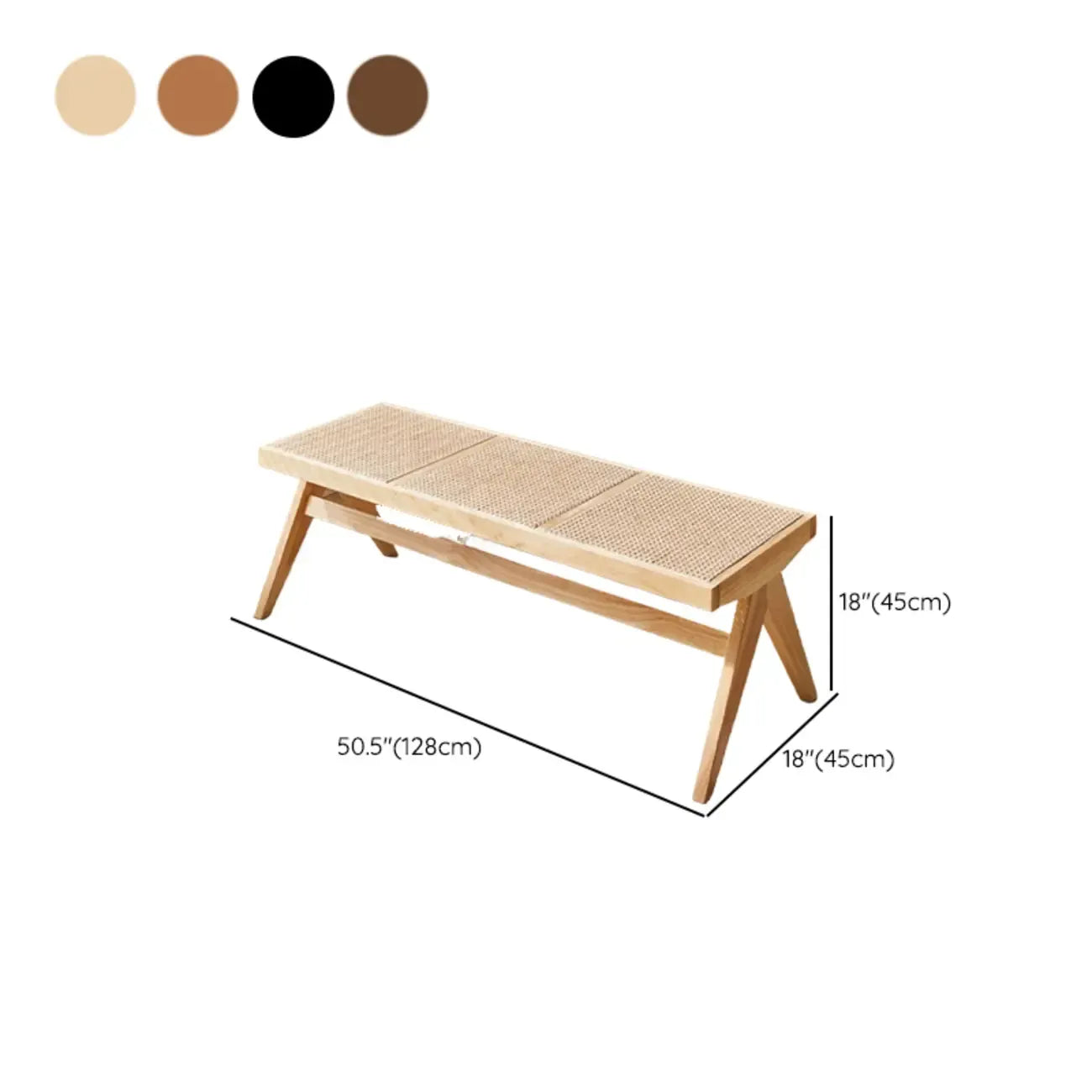 Bancs rectangulaires élégants en bois de cerisier avec plateau en rotin