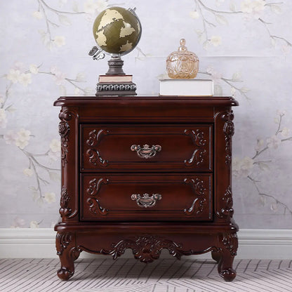 Table de chevet traditionnelle en bois sculpté à 2 tiroirs