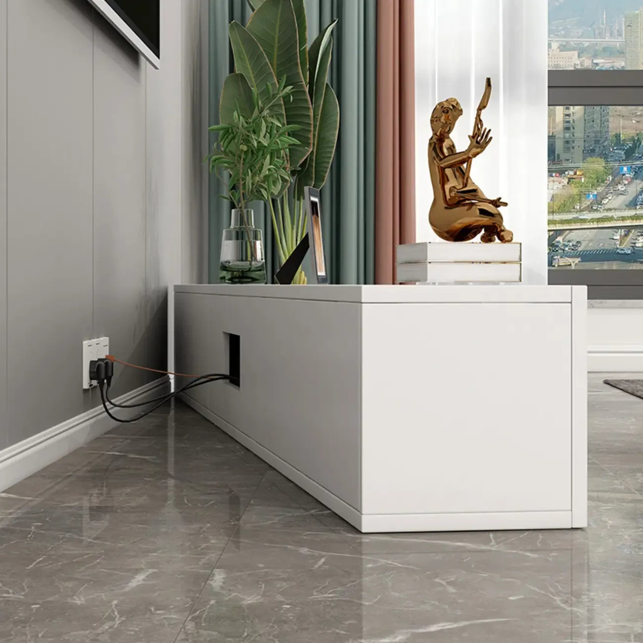 Meuble TV rectangulaire en bois blanc de 71 pouces avec rangement