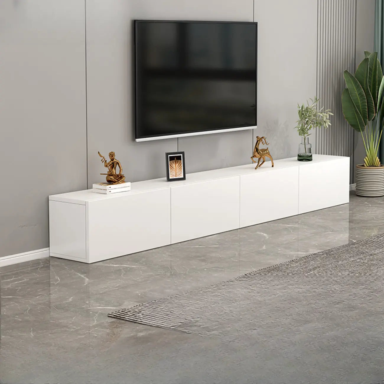 Meuble TV rectangulaire en bois blanc de 71 pouces avec rangement