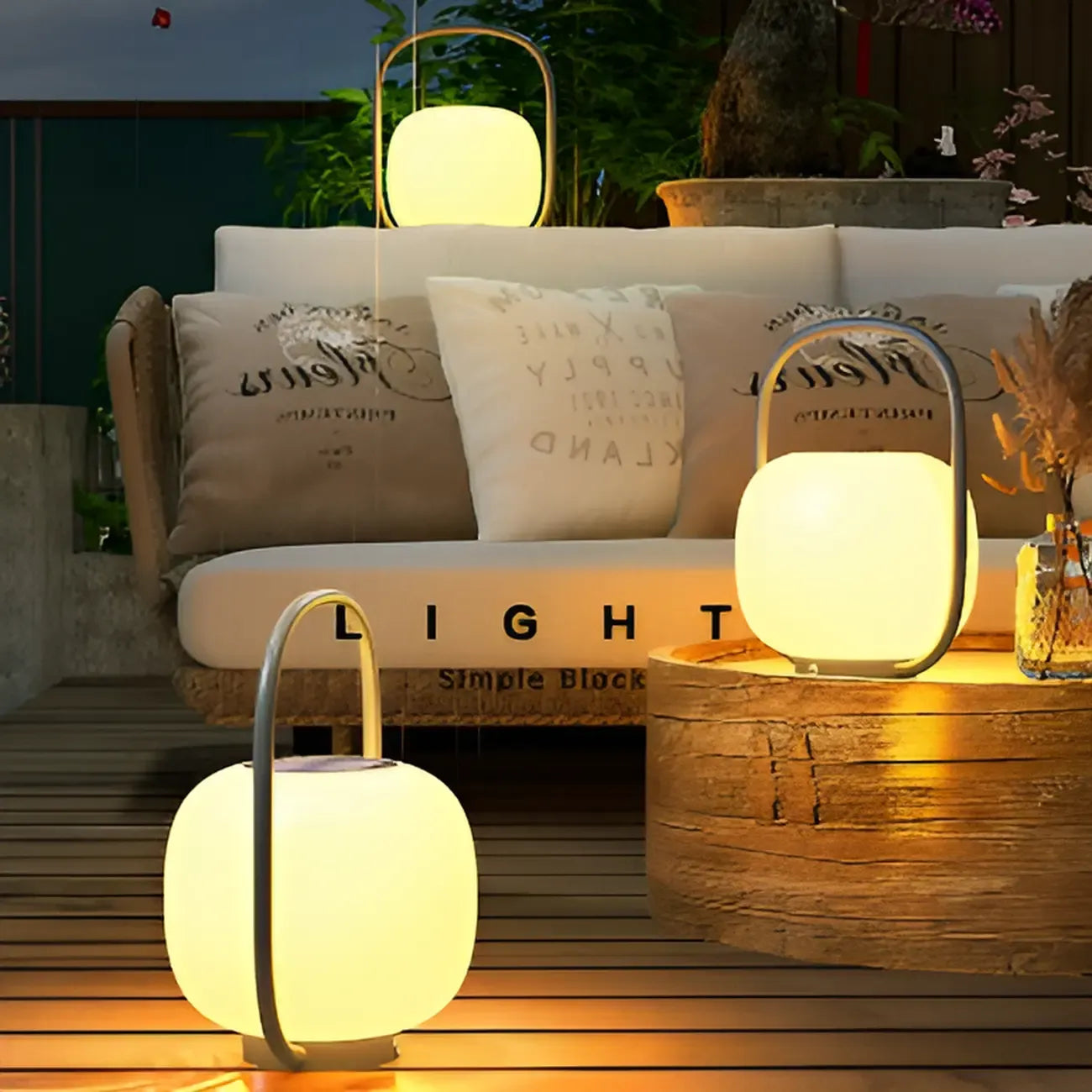 Lampes solaires d'extérieur à poignée, tambour, métal blanc, lumière chaude