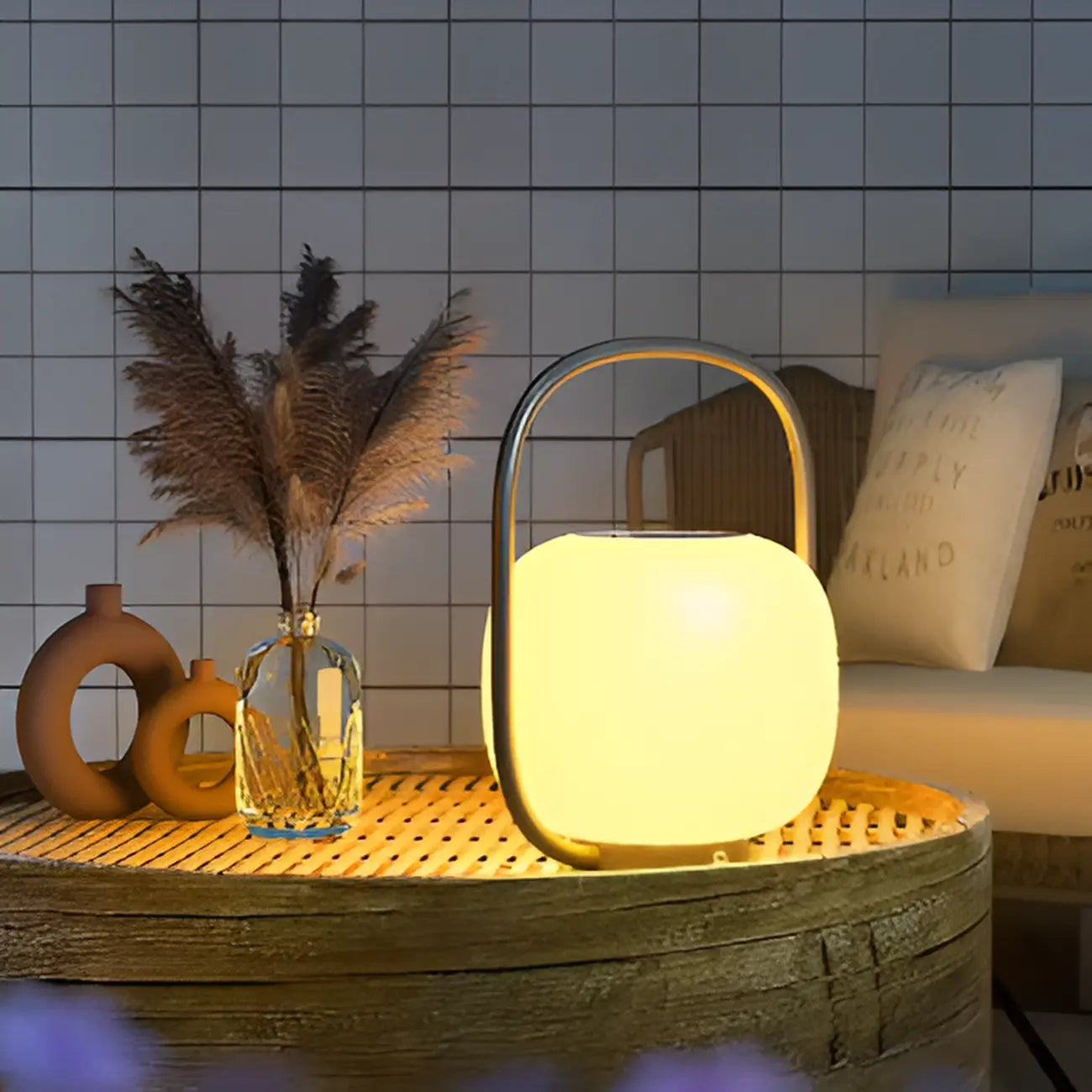 Lampes solaires d'extérieur à poignée, tambour, métal blanc, lumière chaude