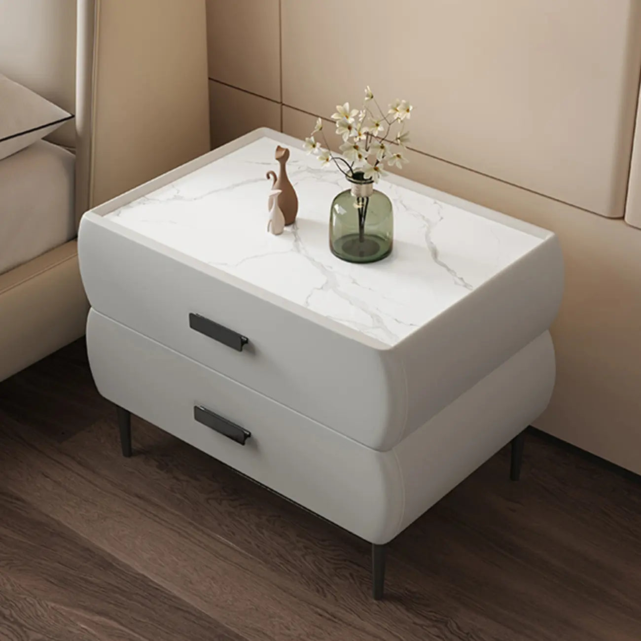 Table de chevet simple à deux tiroirs avec plateau en pierre frittée