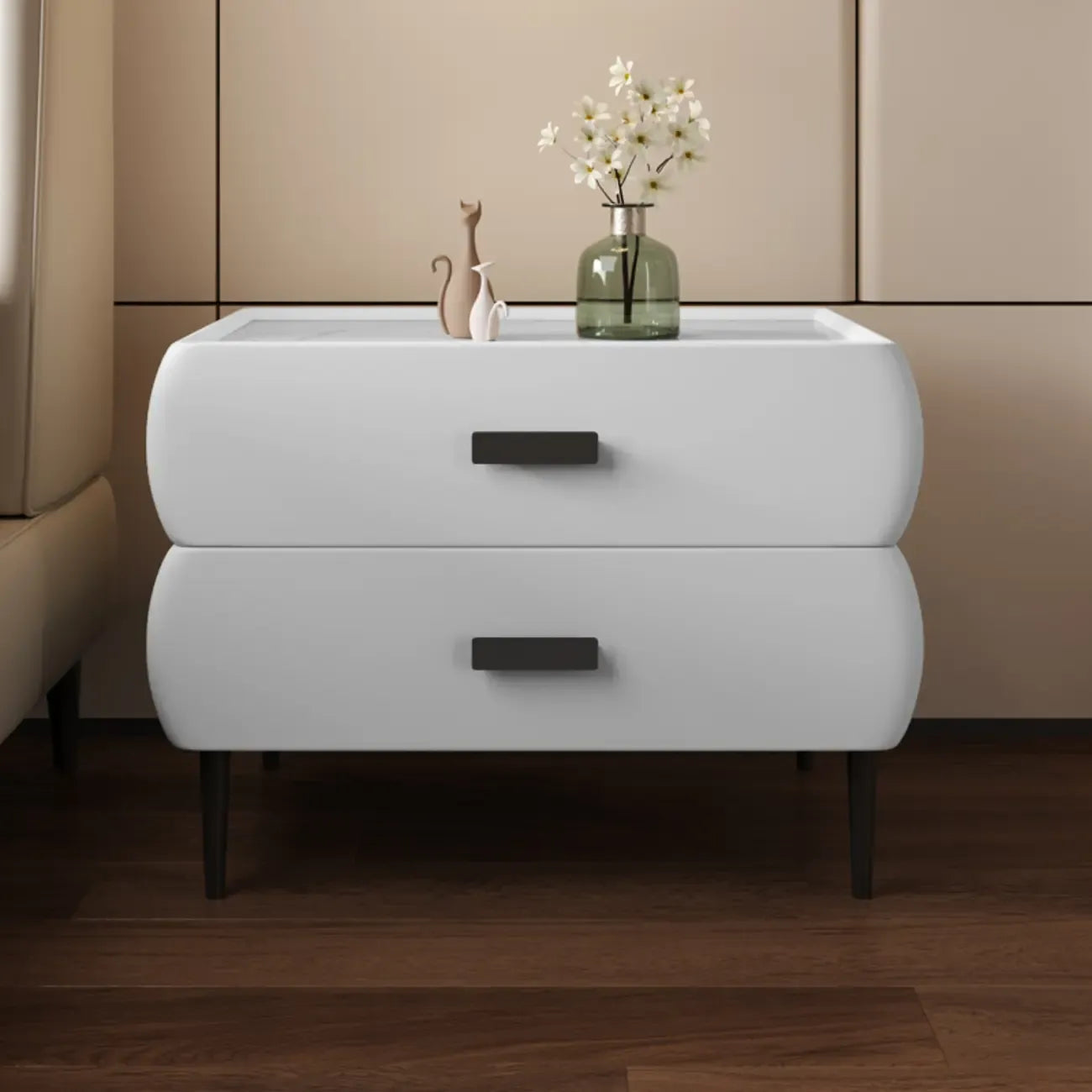 Table de chevet simple à deux tiroirs avec plateau en pierre frittée