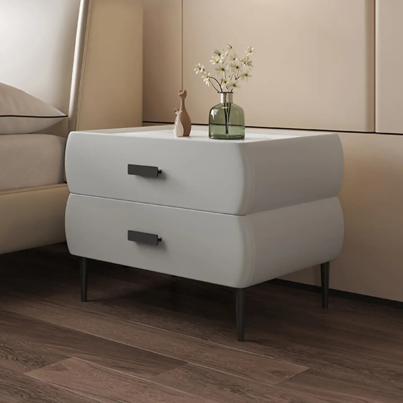 Table de chevet simple à deux tiroirs avec plateau en pierre frittée