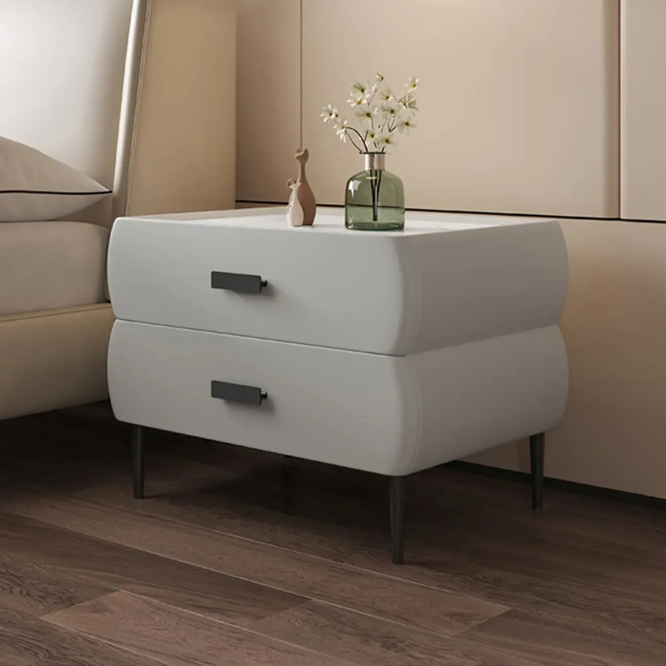 Table de chevet simple à deux tiroirs avec plateau en pierre frittée