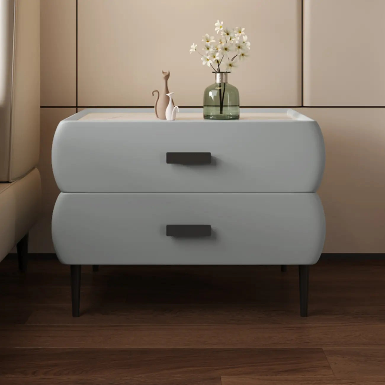 Table de chevet simple à deux tiroirs avec plateau en pierre frittée