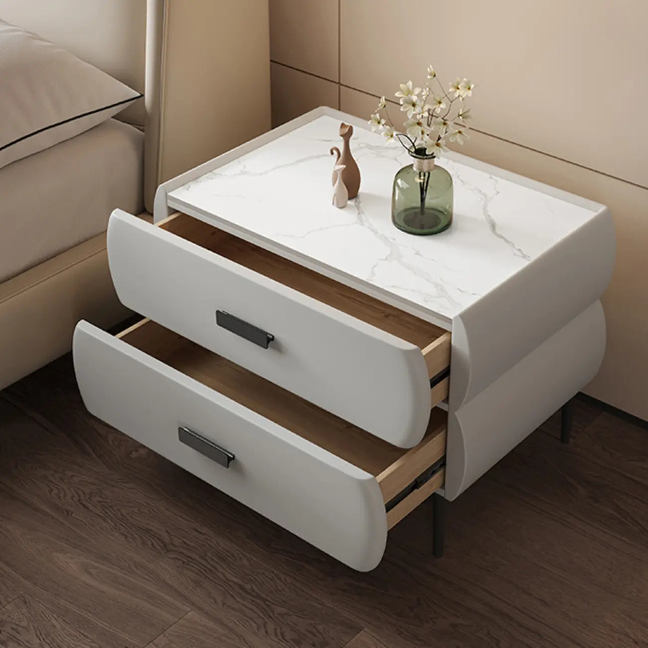 Table de chevet simple à deux tiroirs avec plateau en pierre frittée