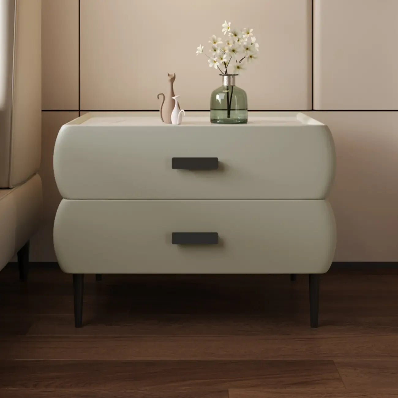 Table de chevet simple à deux tiroirs avec plateau en pierre frittée