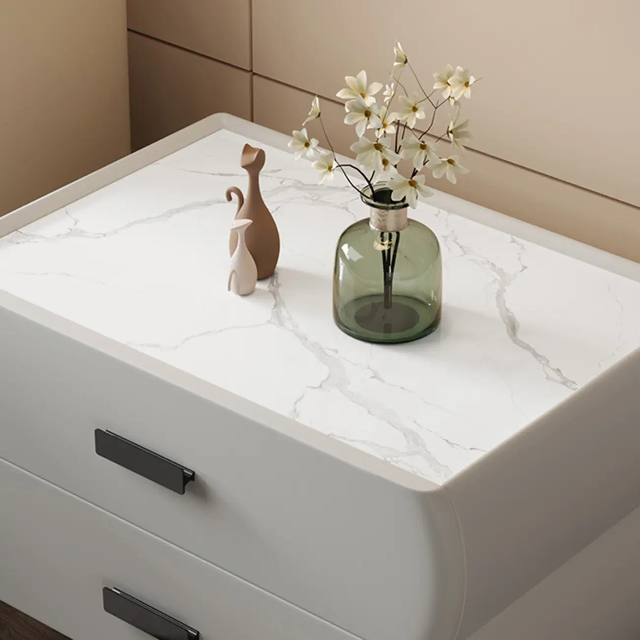 Table de chevet simple à deux tiroirs avec plateau en pierre frittée