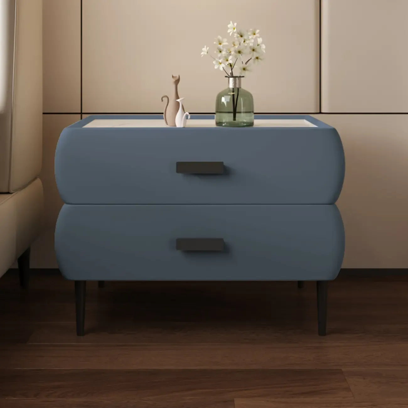 Table de chevet simple à deux tiroirs avec plateau en pierre frittée