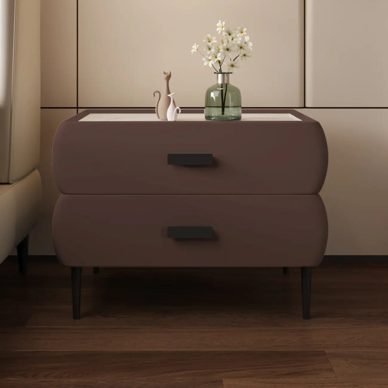 Table de chevet simple à deux tiroirs avec plateau en pierre frittée