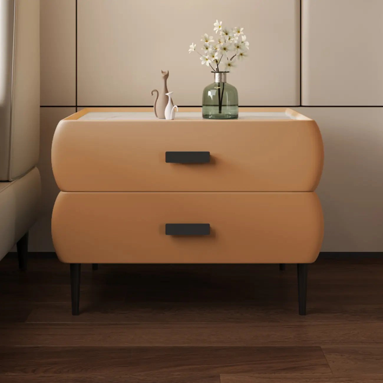 Table de chevet simple à deux tiroirs avec plateau en pierre frittée