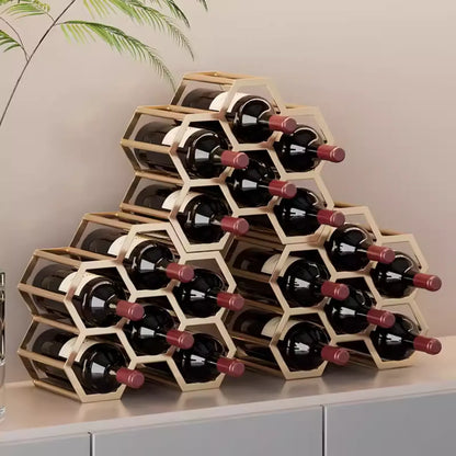 Porte-bouteilles hexagonal en métal autoportant, à poser sur une table.