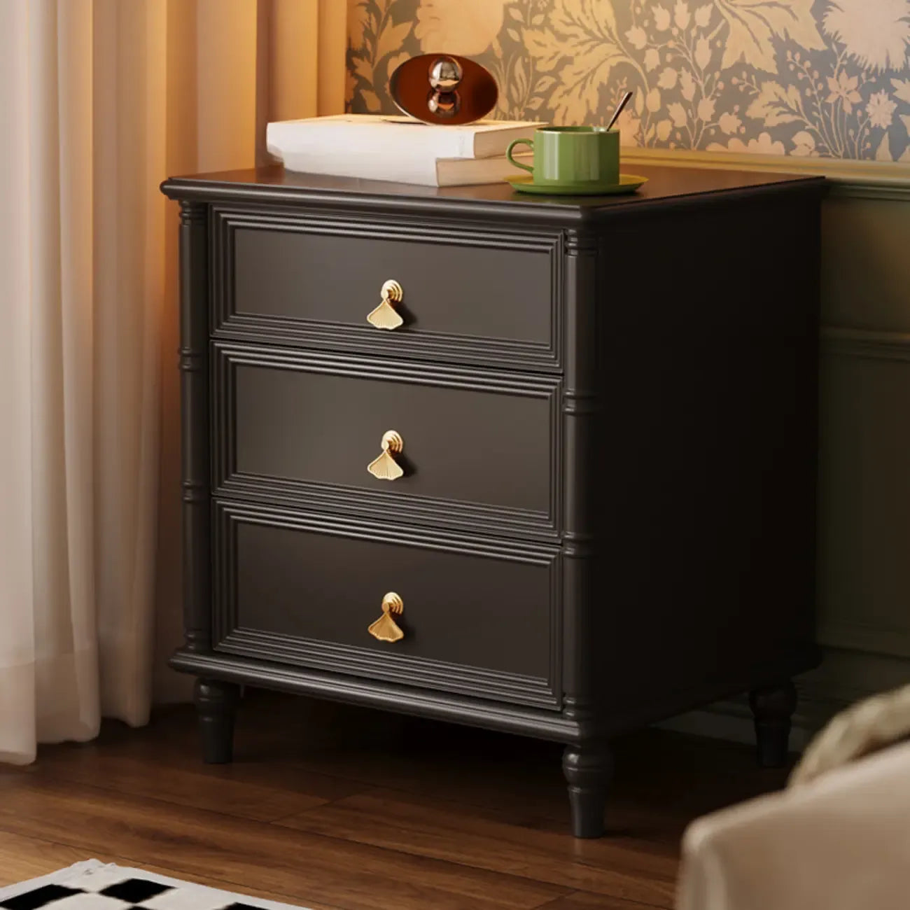 Table de chevet traditionnelle rectangulaire en bois massif noir à 3 tiroirs