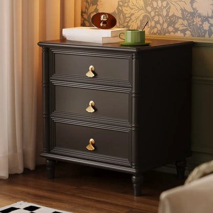 Table de chevet traditionnelle rectangulaire en bois massif noir à 3 tiroirs