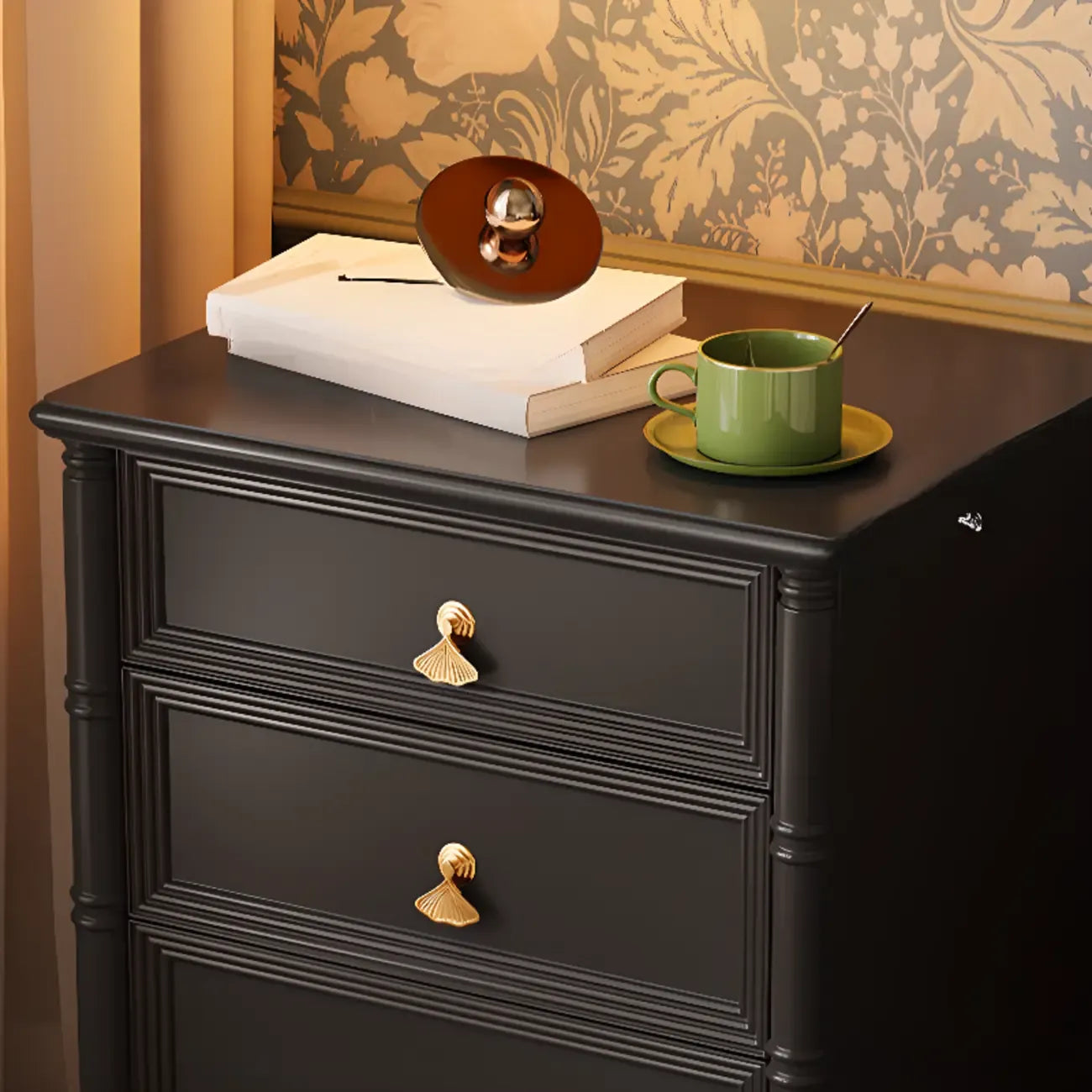 Table de chevet traditionnelle rectangulaire en bois massif noir à 3 tiroirs