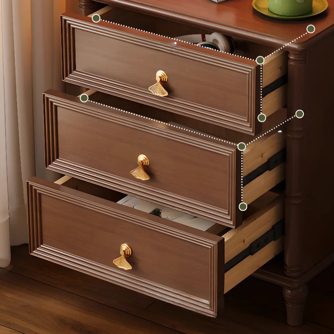 Table de chevet traditionnelle rectangulaire en bois massif noir à 3 tiroirs