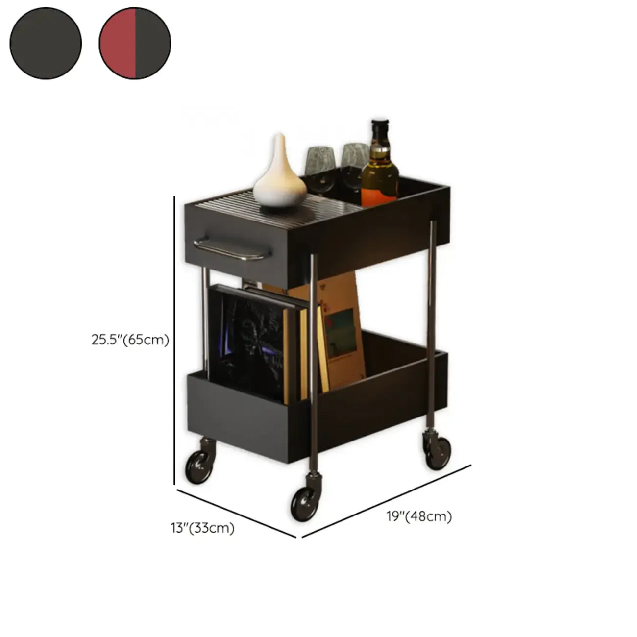 Petite table d'appoint tendance noire à 2 niveaux avec roulettes