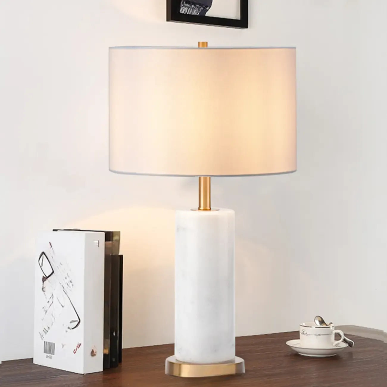 Lampe de table moderne en pierre avec abat-jour en tissu, compatible LED