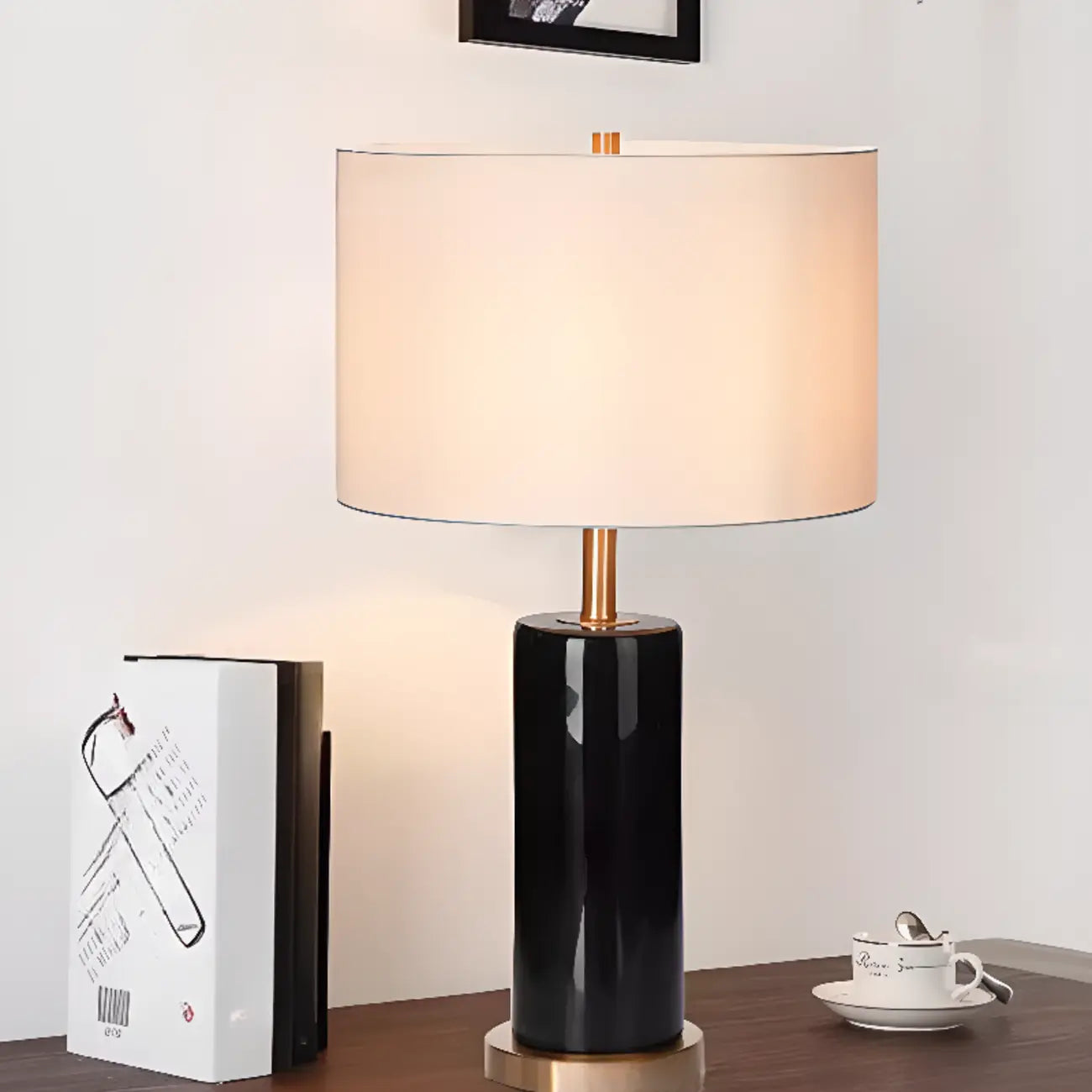 Lampe de table moderne en pierre avec abat-jour en tissu, compatible LED