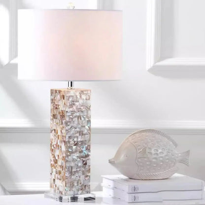 Lampe de table LED élégante à pied en coquillage et abat-jour en lin