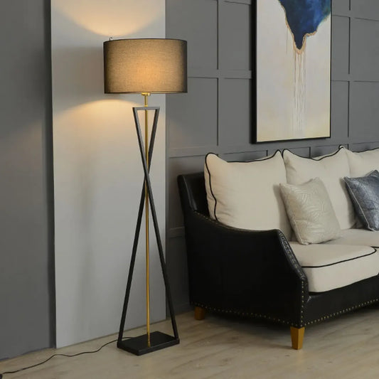 Lampadaire moderne en métal noir avec abat-jour cylindrique