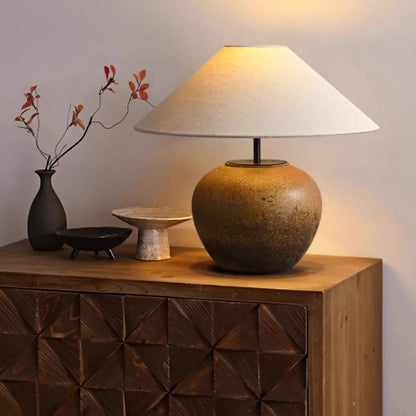 Lampe de table LED en céramique blanche avec abat-jour en tissu
